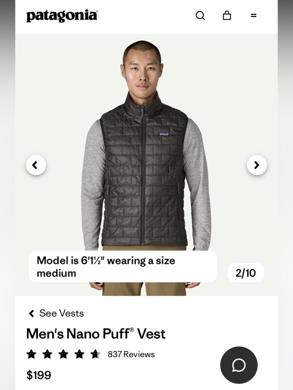 Patagonia Nano Puff Vest Men’s Large Black Warm Light Primaloft Outdoor New $199